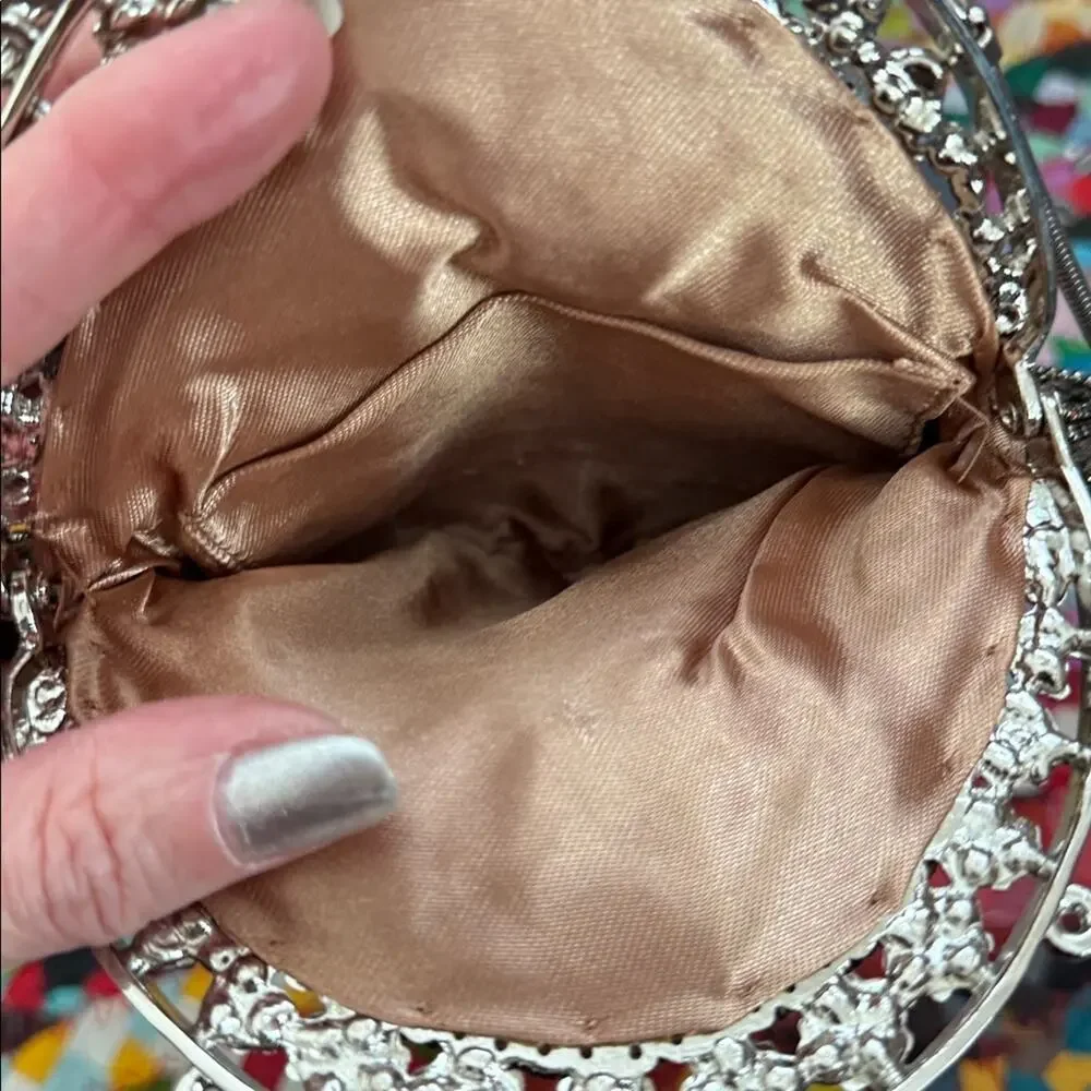 Vintage Rose Satin Silver Sequin Rhinestone Bridgerton Wristlet Evening Bag